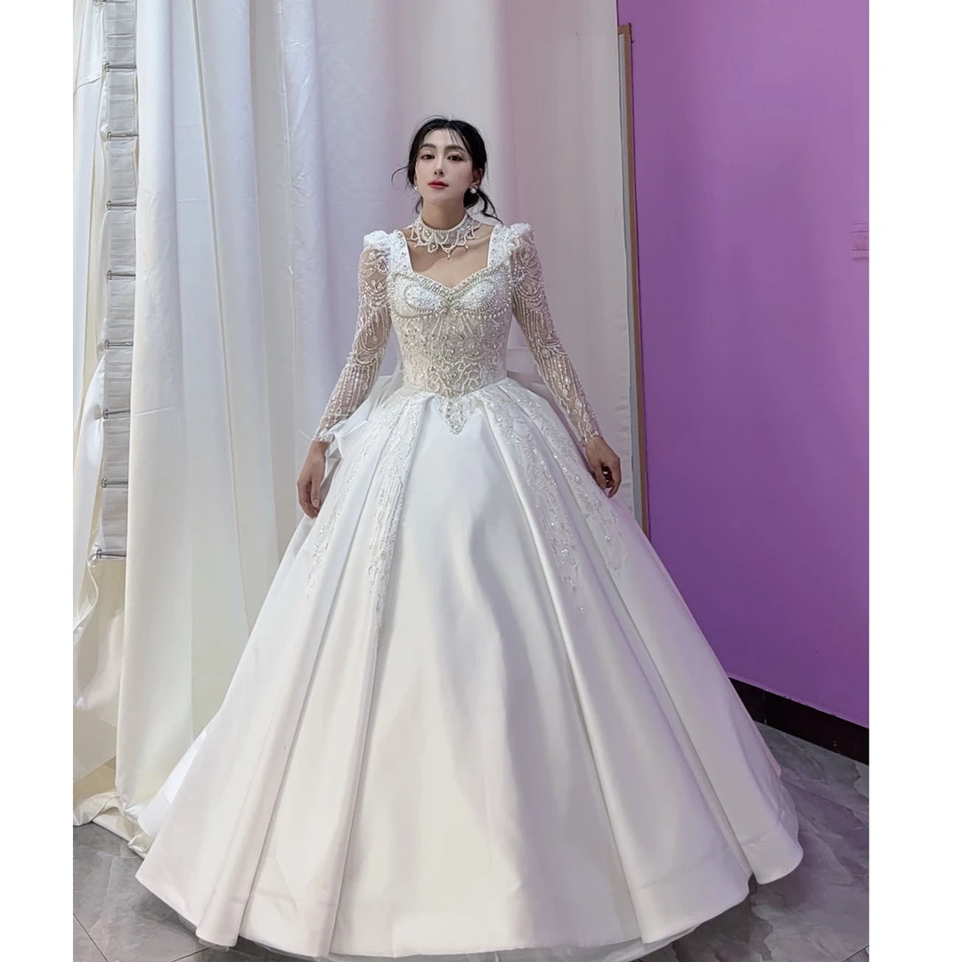 婚纱 礼服主纱新娘2025 新款缎面齐婚纱大码大骨驾奢华精品婚纱