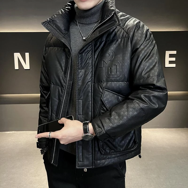 PU皮面羽绒服男冬季2024年新款高端潮牌奢华短款痞帅外套时尚修身