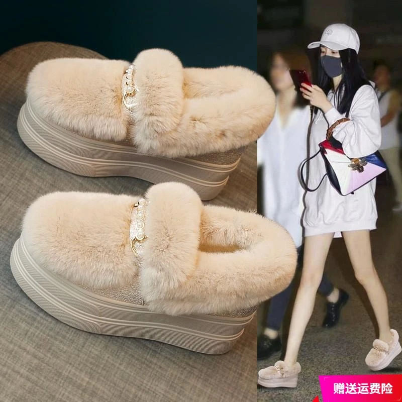 秋冬新款明星内增高毛毛鞋女冬外穿2023新款百搭雪地靴女加绒棉鞋