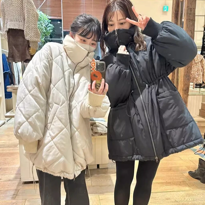 KAS纯元 日系冬季抽绳收腰大口袋棉服正反两面穿棉衣女中长款外套