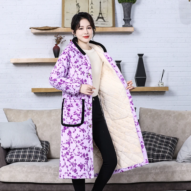 冬季保暖棉衣女加长过膝厚罩衣宽松大码工作服夹棉加绒家居服外穿