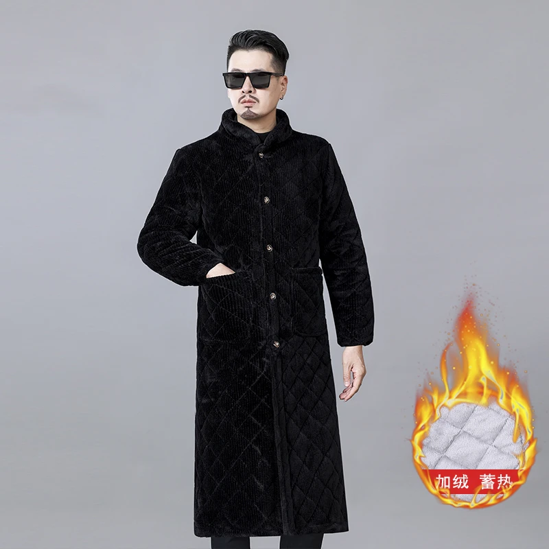 冬季保暖男棉衣休闲加长款过膝罩衣三层加绒宽松立领工作服家居服