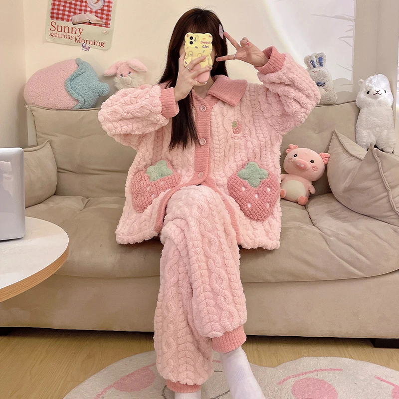 bejirog/北极绒少女可爱风秋冬季加绒加厚珊瑚绒翻领居家睡衣套装