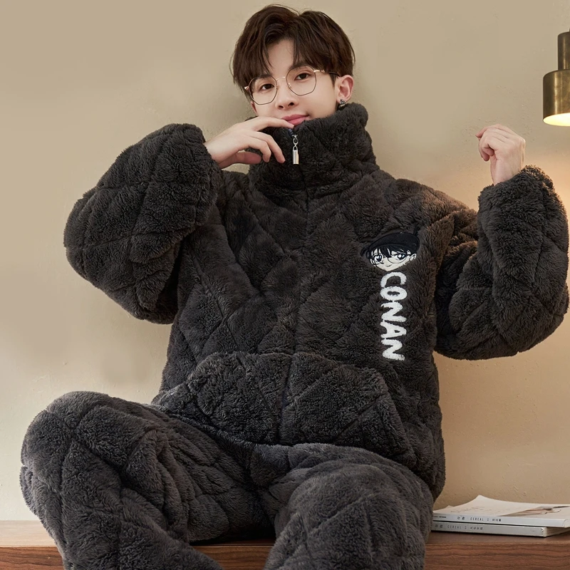 bejirog/北极绒加绒加厚冬季珊瑚绒三层夹棉男士保暖睡衣青少年