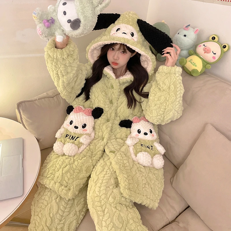 bejirog/北极绒女士卡通洋气连帽款珊瑚绒三层夹棉冬季睡袍家居服