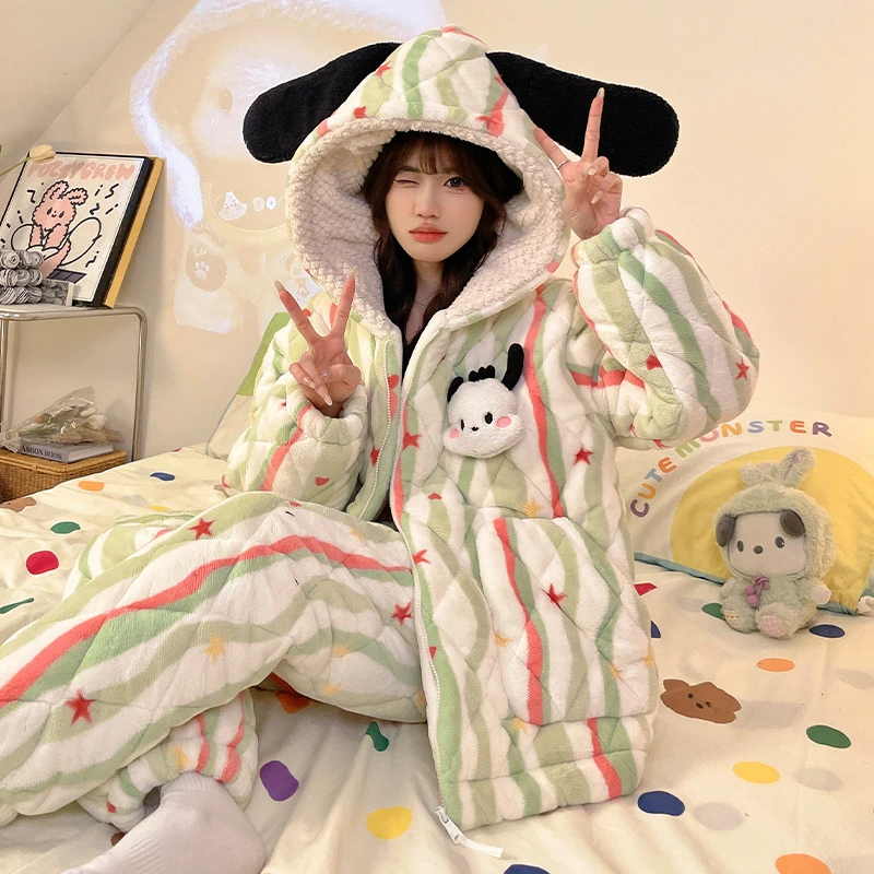 bejirog/北极绒2025冬季新品法兰绒三层夹棉女生睡衣家居服加厚潮