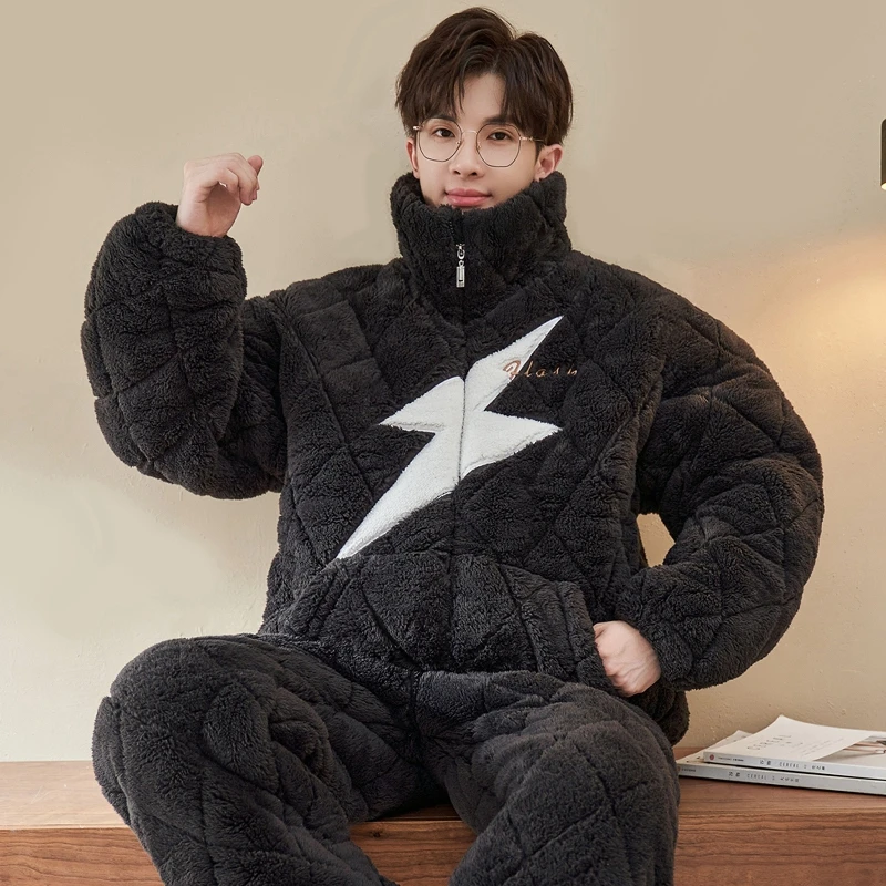 bejirog/北极绒男士珊瑚绒三层夹棉加绒加厚睡衣保暖两件套装大码