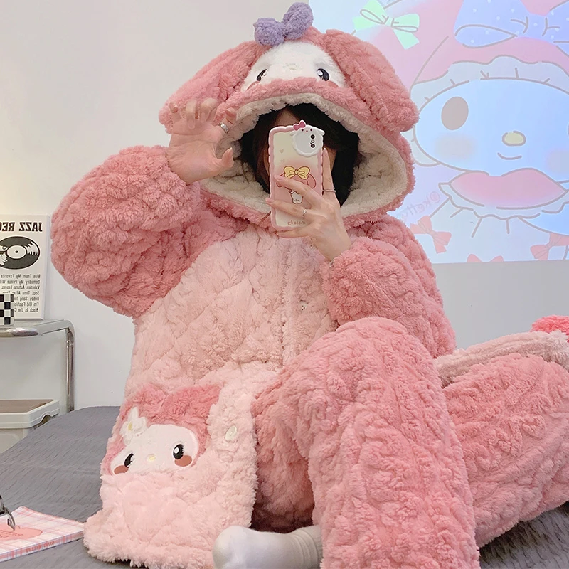 bejirog/北极绒加厚款女士冬季珊瑚绒睡衣三层夹棉保暖睡袍套装