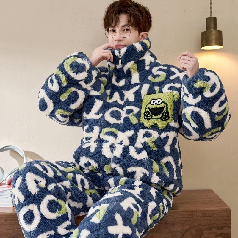 bejirog/北极绒冬季加绒加厚珊瑚绒三层夹棉大码保暖睡衣套装立领