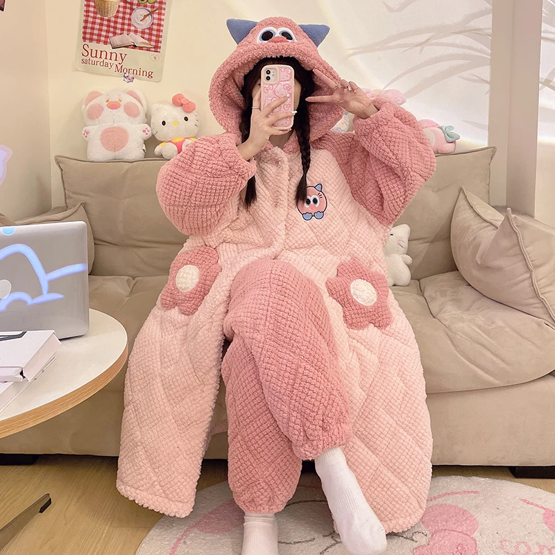 bejirog/北极绒冬季2025新款珊瑚绒三层夹棉女士公主风连帽睡袍