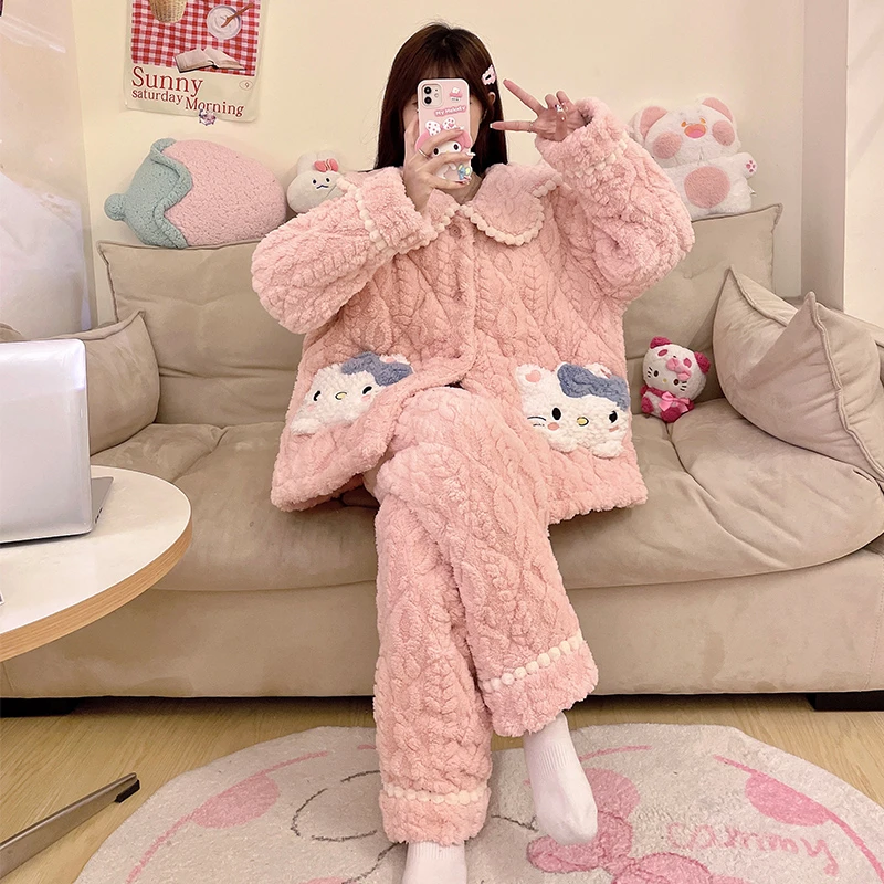 bejirog/北极绒卡通洋气冬季少女珊瑚绒三层夹棉翻领居家睡衣套装