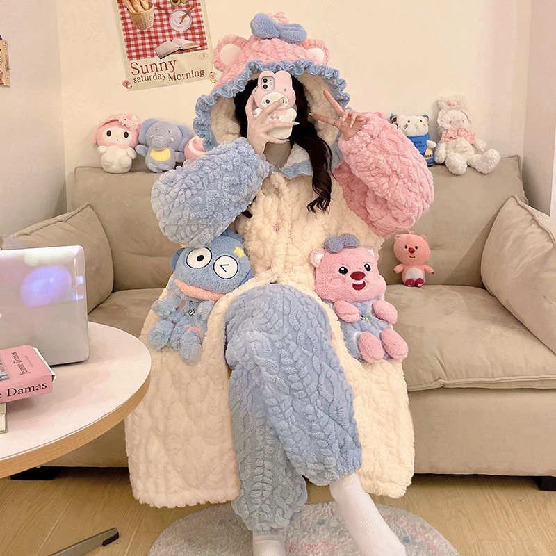 bejirog/北极绒卡通可外穿珊瑚绒三层夹棉少女冬季长款睡袍两件套