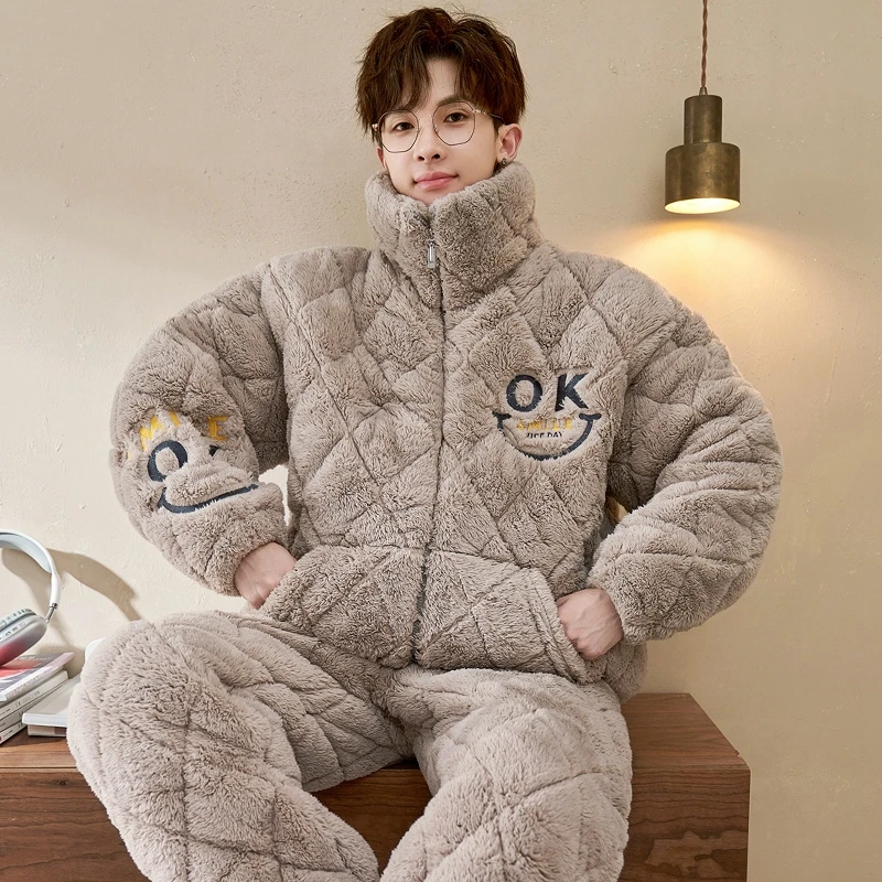 bejirog/北极绒男士冬季珊瑚绒三层夹棉加绒加厚睡衣青少年简约款