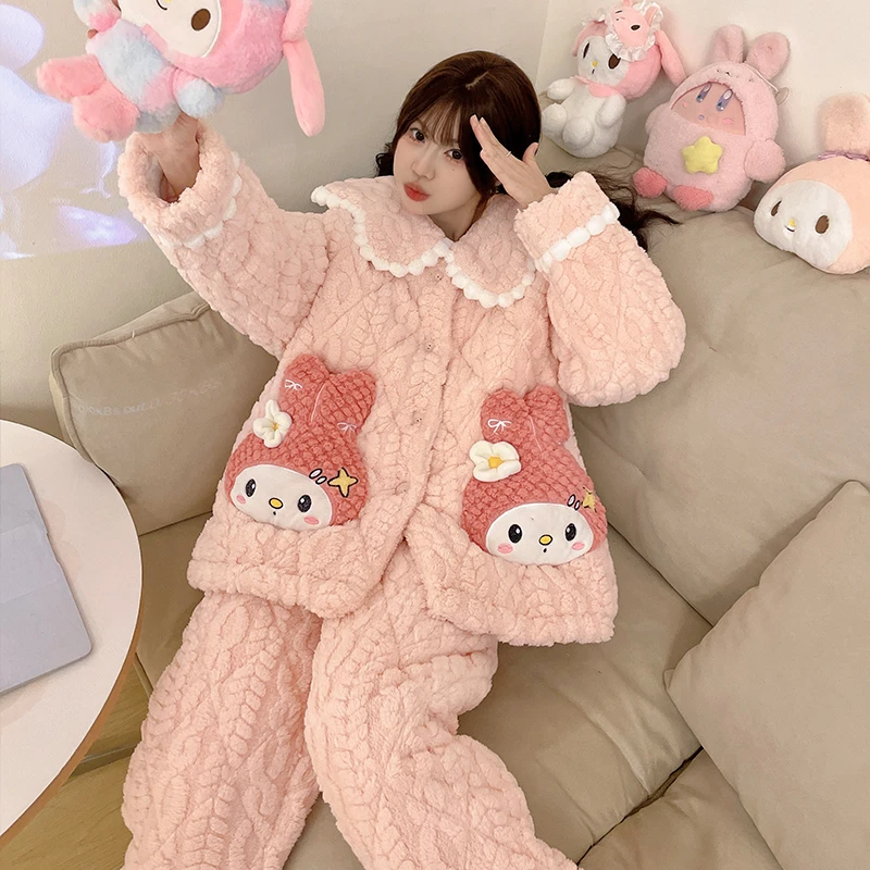 bejirog/北极绒冬季2025新品珊瑚绒三层夹棉少女甜美风睡衣两件套