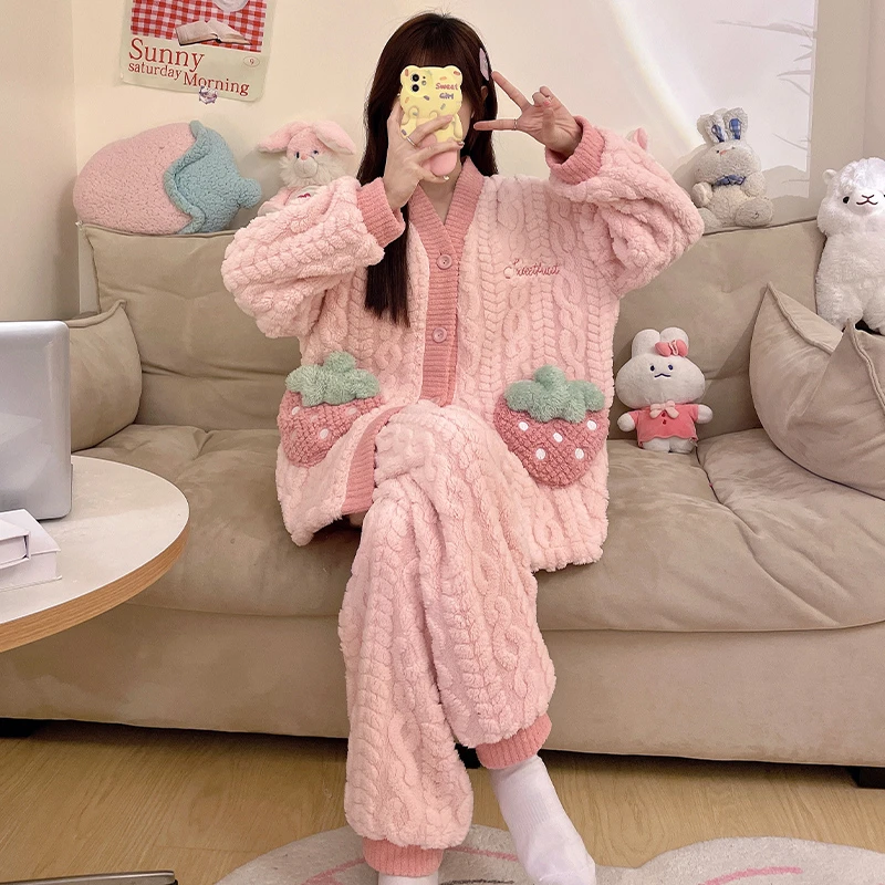 bejirog/北极绒女士长袖开衫款珊瑚绒V领睡衣秋冬季可爱居家套装