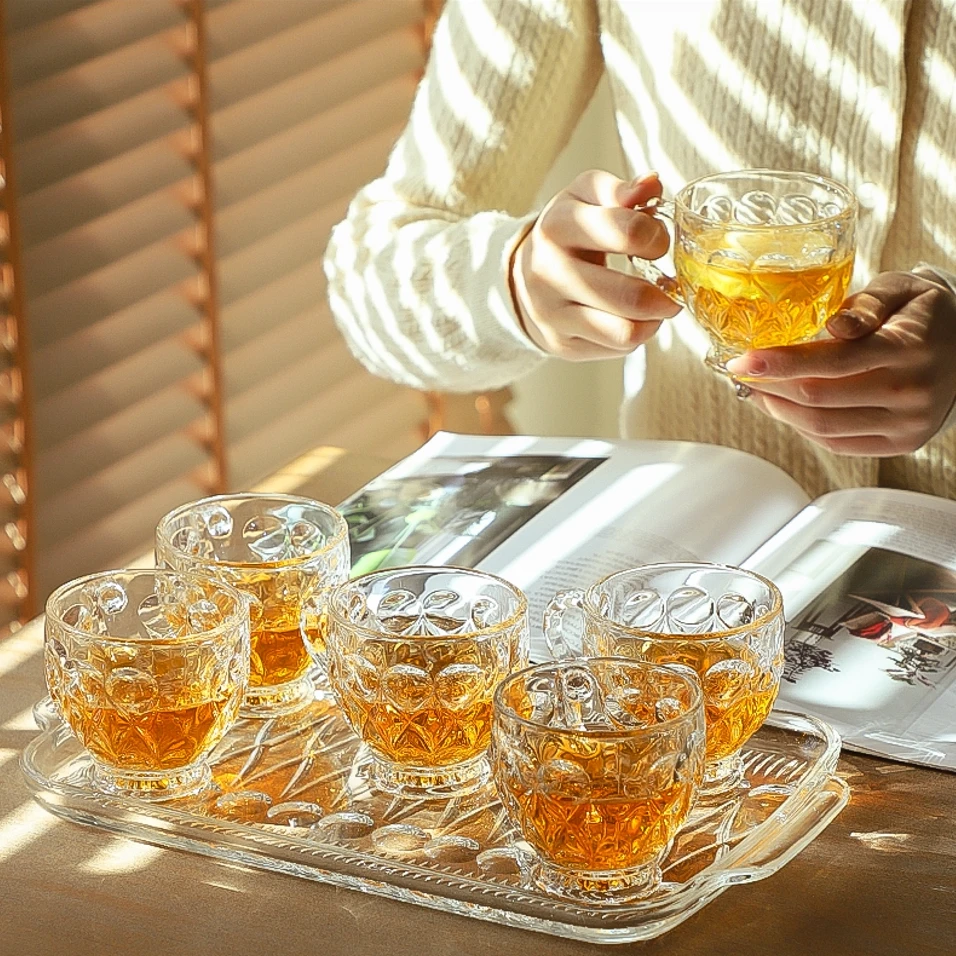 朗旭加厚耐热无铅玻璃杯带托盘泡牛奶花茶杯家用日常咖啡杯带把手