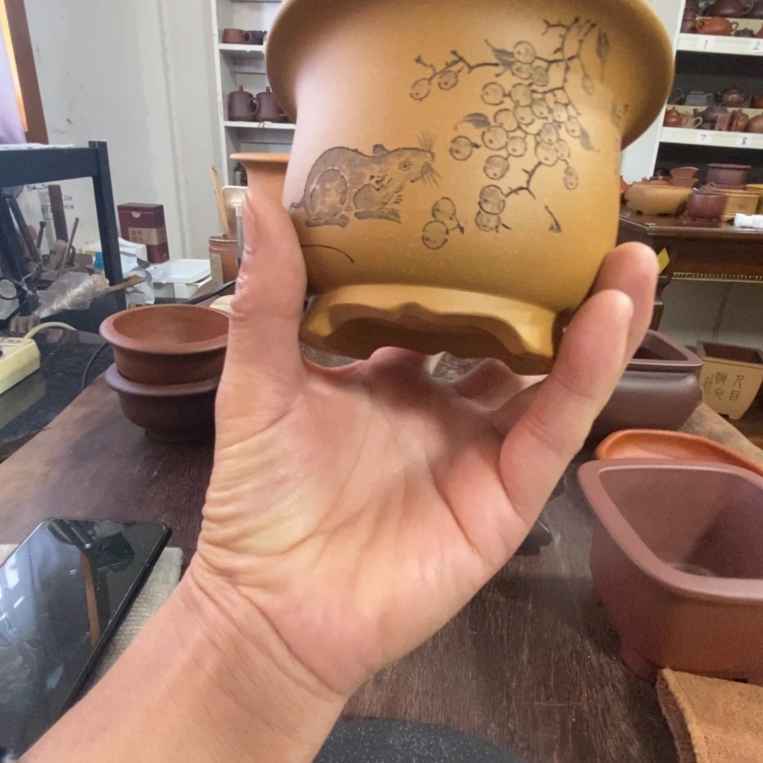 紫砂花盆刻绘园盆