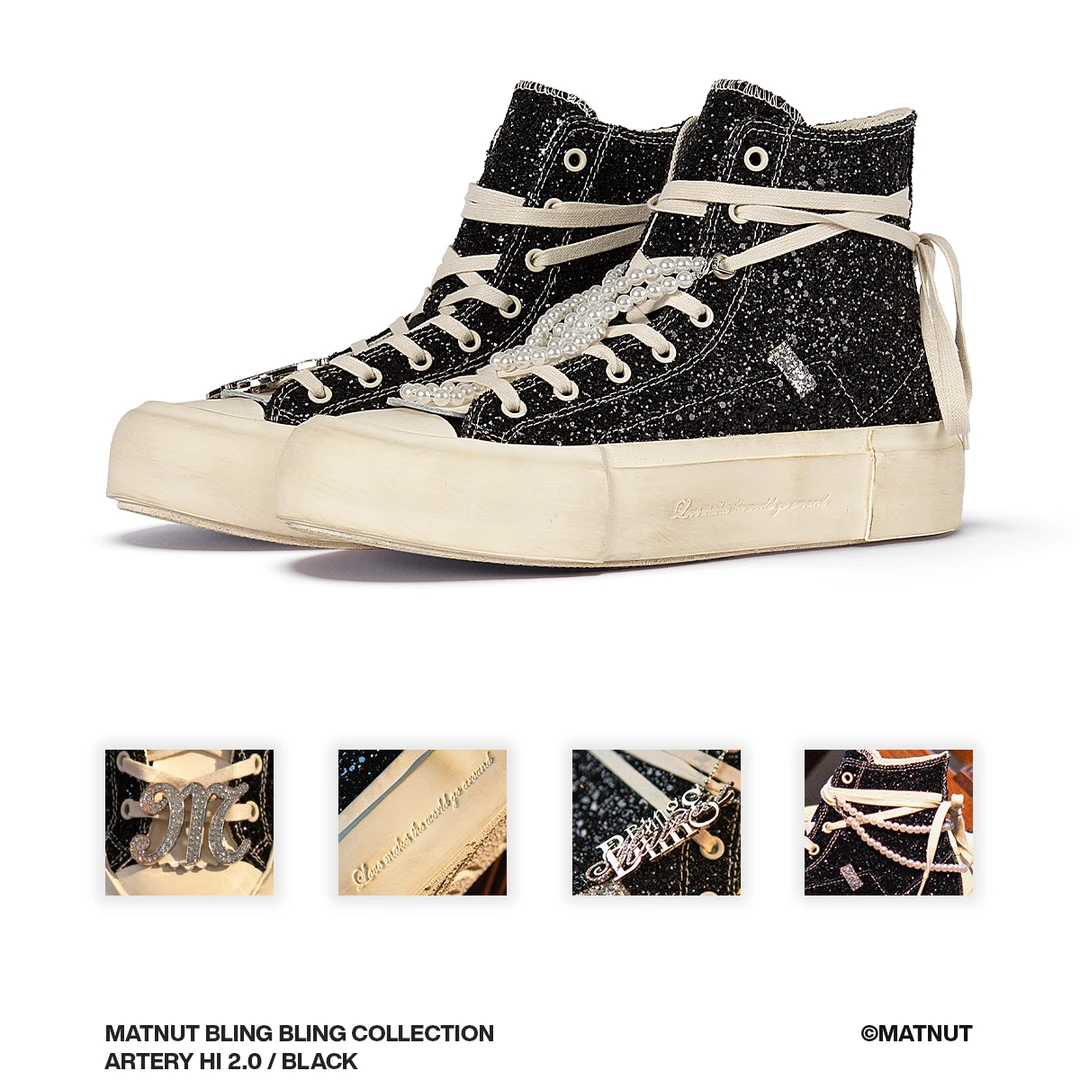 MatnutBLING BLING 闪钻亮片高帮 黑色 做旧脏脏鞋 厚底增高板鞋