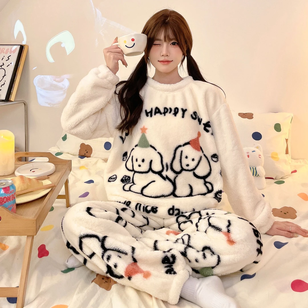 冬季新款蛋糕狗毛绒家居服睡衣女套装加绒加厚卡通韩版保暖甜美