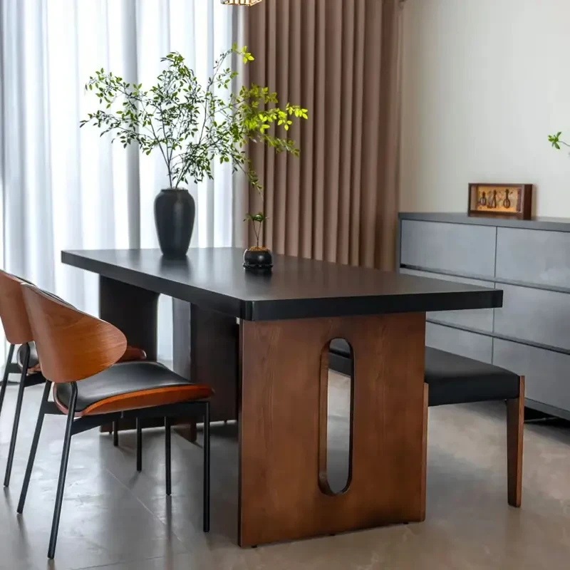 意式轻奢实木岩板餐桌极简胡桃色复古长方形家用小户型饭桌椅餐桌