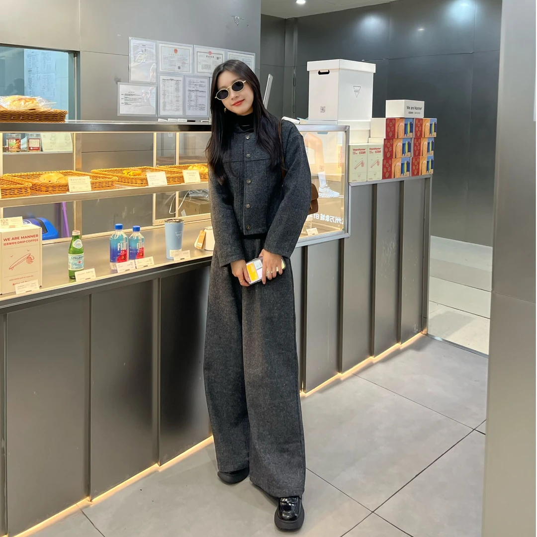 秋冬新款单排扣圆领小香长袖外套+裤子两件套JD1021