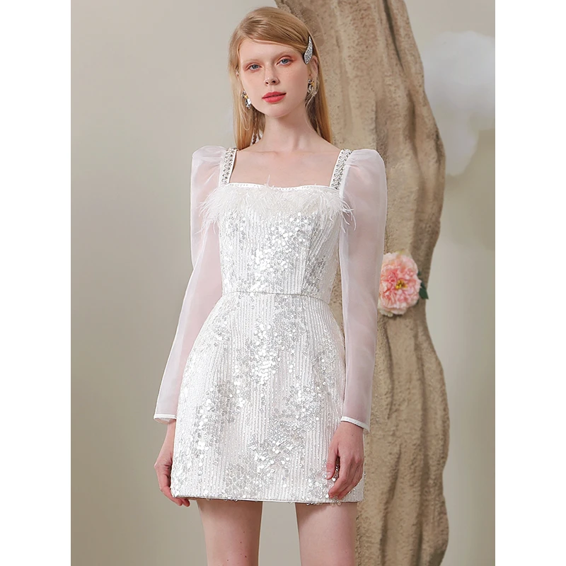 茬客薄荷曼波法式浪漫白色连衣裙女秋珠片收腰包臀裙子CM700307