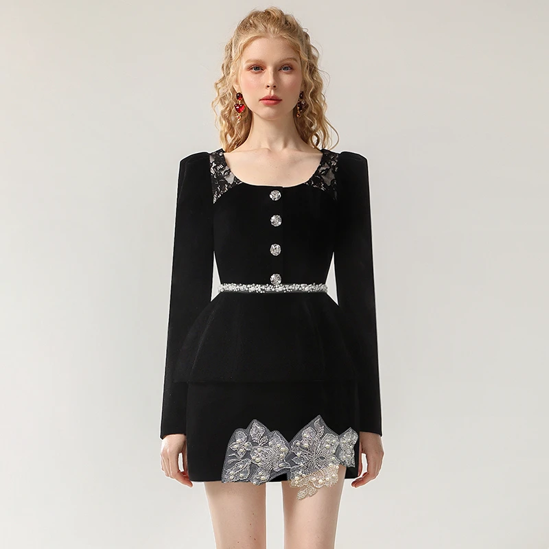 茬客轻熟风连衣裙秋冬立体钉珠刺绣假两件拱形裙摆短裙CM490602