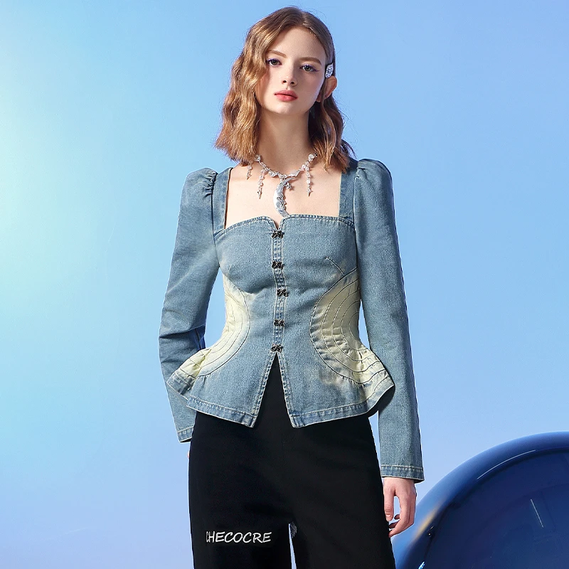 茬客【失落之境】蓝色牛仔上衣秋季小众辣妹复古港风长袖CM490409A