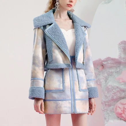 茬客加绒套装女裙设计感大翻领短款外套高腰显瘦半身裙CM700170AB