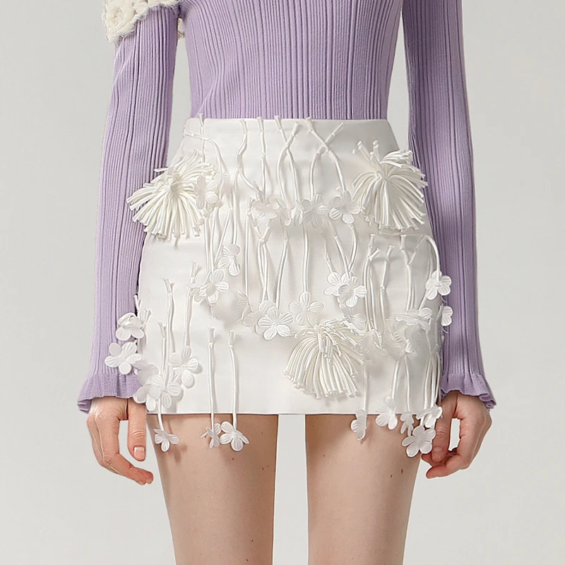 茬客浪漫温柔风半裙春秋立体花朵白色包臀修身短裙CM490619B