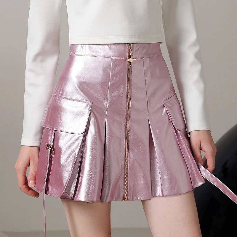 茬客【城市密码】粉色半身裙2023年减龄复古摩登百褶皮裙CM490402B