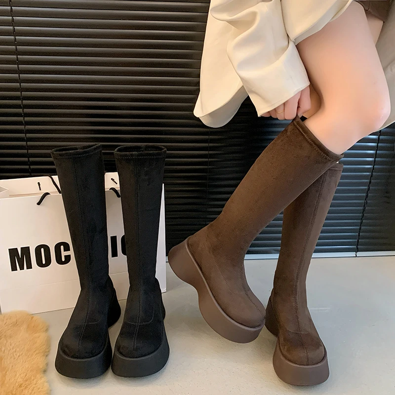 绒面厚底长筒靴女2024秋冬新款小个子百搭松糕弹力靴时尚高筒靴