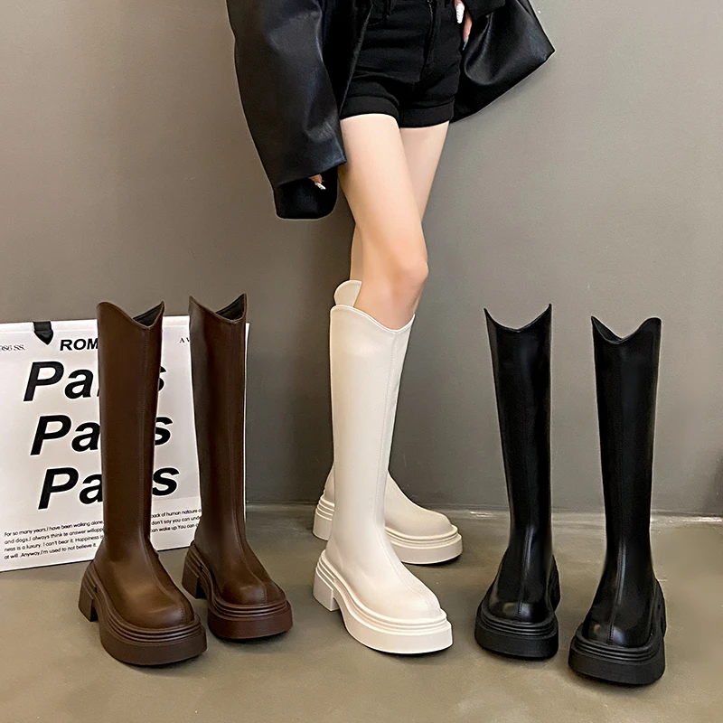 小个子圆头复古高筒骑士靴2024厚底高筒靴时尚百搭粗跟长筒靴