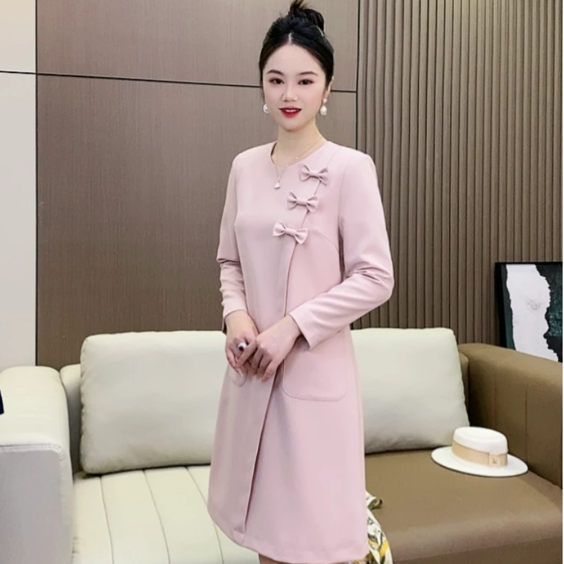 维诗曼定制手工气质减龄轻奢时尚百搭显瘦款蝴蝶结长袖A字连衣裙