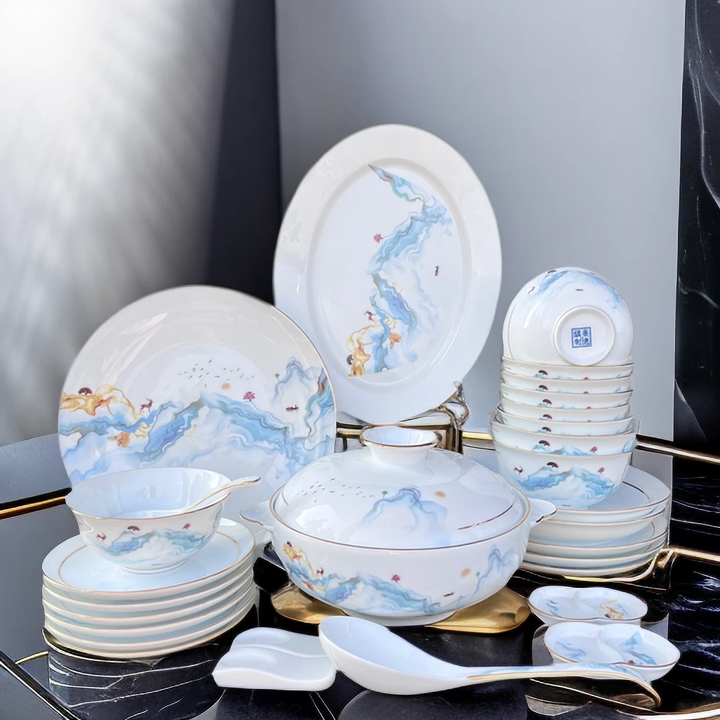 新品(蓝仙境)高白泥 景德镇高岭土新品现代中式家用高端餐具套装