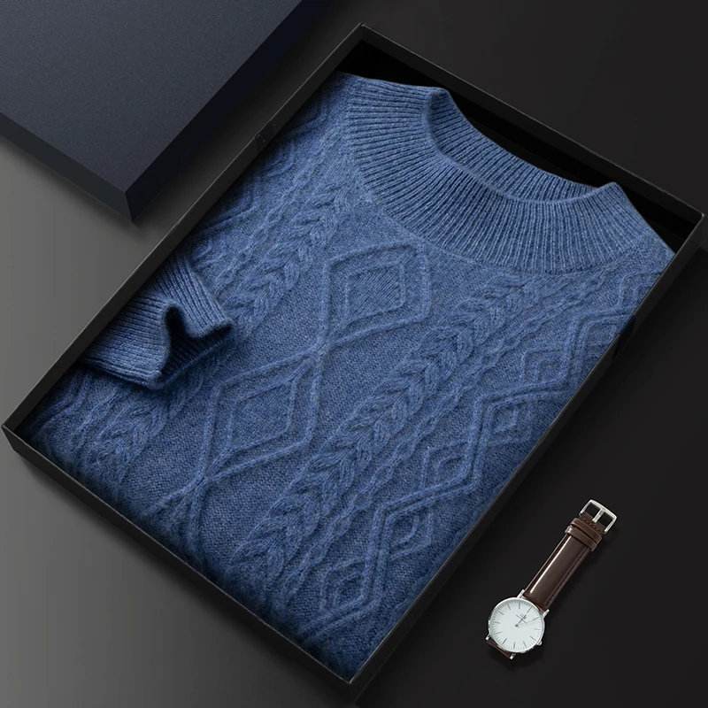 【思梦娇甄选】半高领男100山羊绒衫菱形扭花新款针织衫重磅加厚