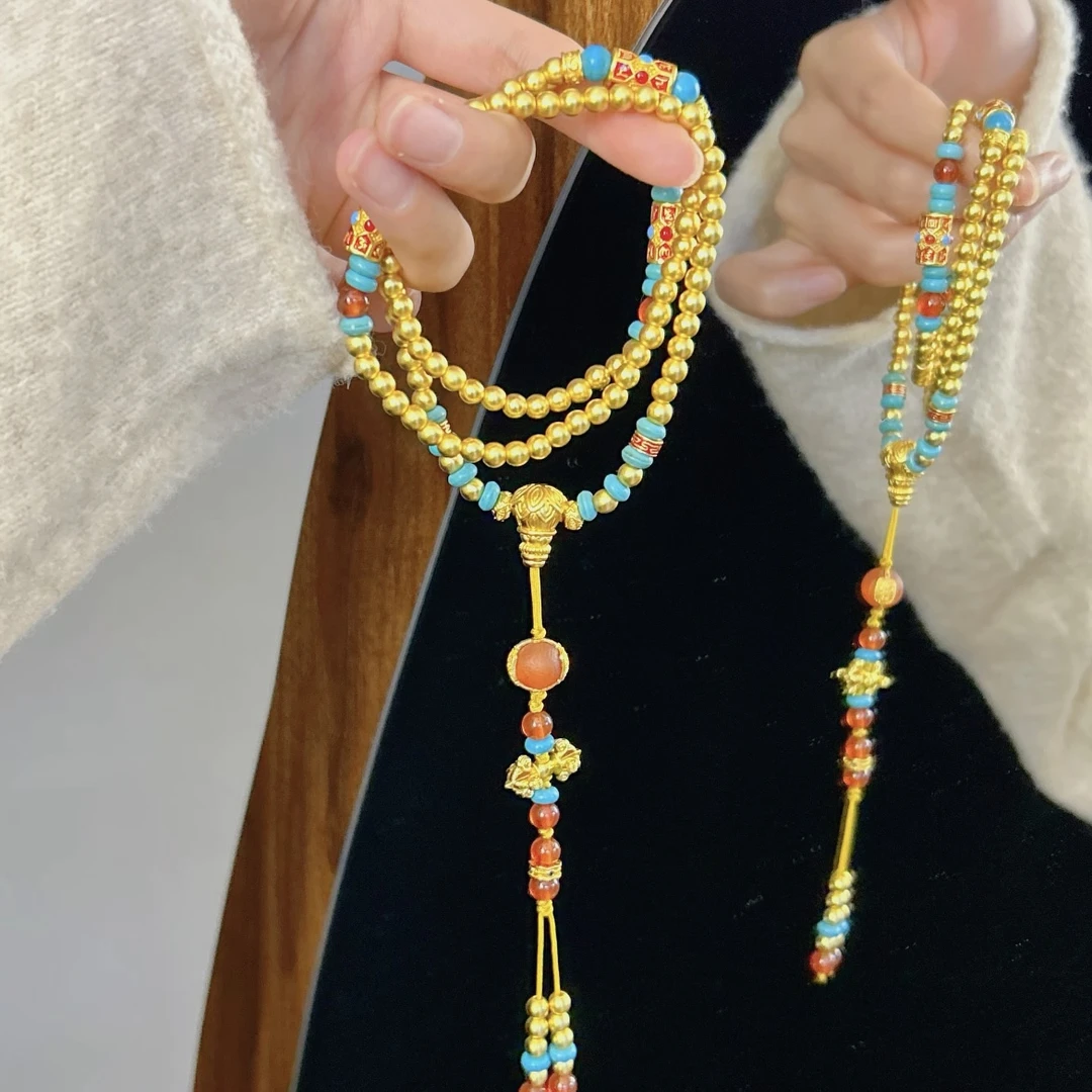 铜合金手链 古法实心鎏金手工DIY多圈手串108颗长链