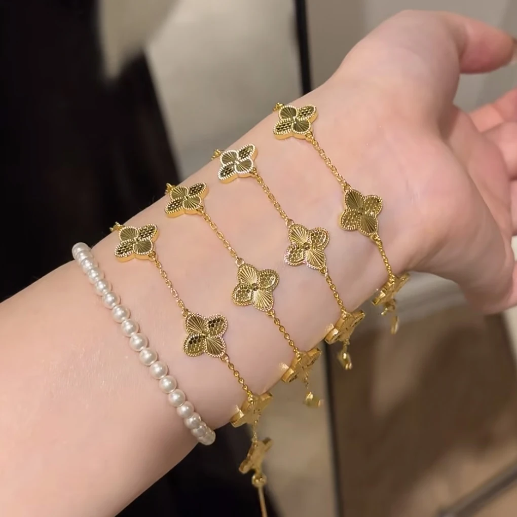 铜合金手链 新中式轻奢时尚简约百搭CNC【满天星四叶草五花手链】