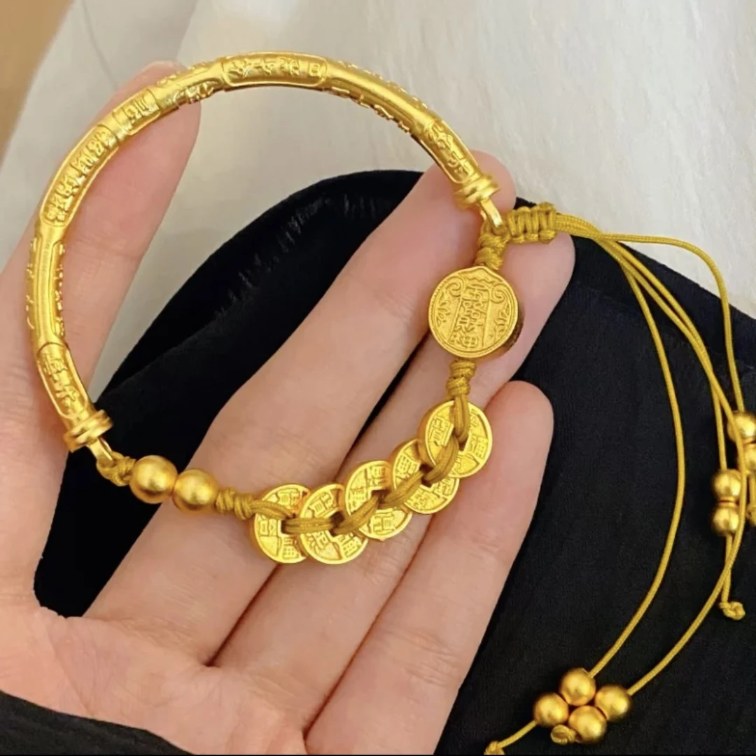 铜合金手镯 新中式国潮风古法鎏金【黄财神五帝钱吉言半镯半链】