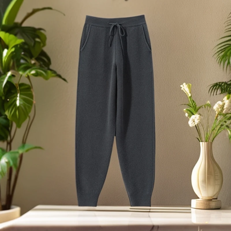 九九羊绒高端女裤100%山羊绒12针双股重磅加厚四平针束脚裤保暖