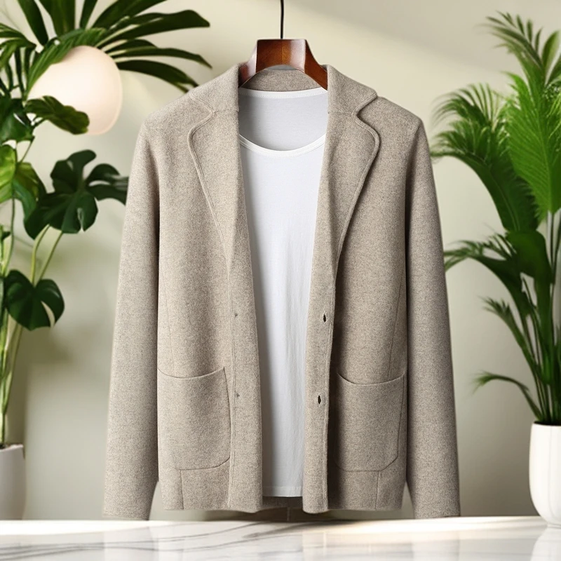 九九羊绒高端100%山羊绒西装款系扣开衫宽松加厚针织衫商务范