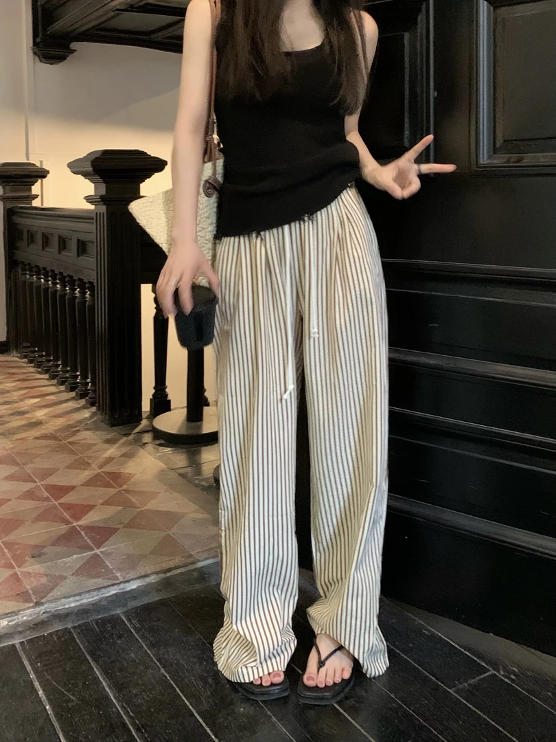 条纹裤子女春夏2023新款高腰垂感窄版阔腿裤直筒休闲拖地长裤韩版