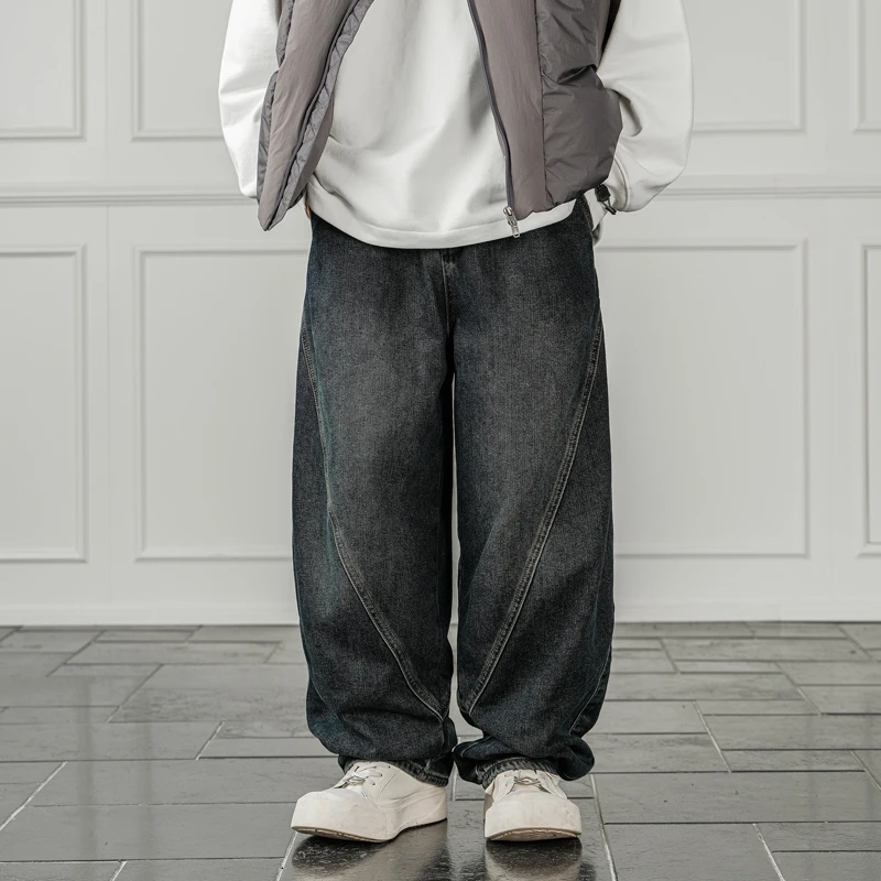 JUPSTUDIO秋冬加绒立体剪裁宽松弯刀牛仔裤男士美式复古休闲阔腿