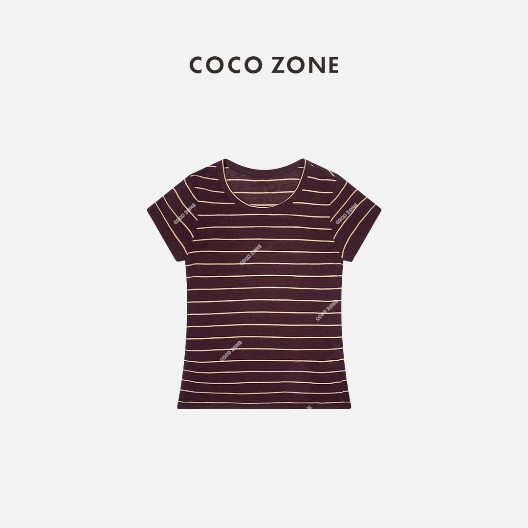 COCO ZONE 刘一一春夏撞色条纹圆领短袖T恤显瘦上衣CC1A0545
