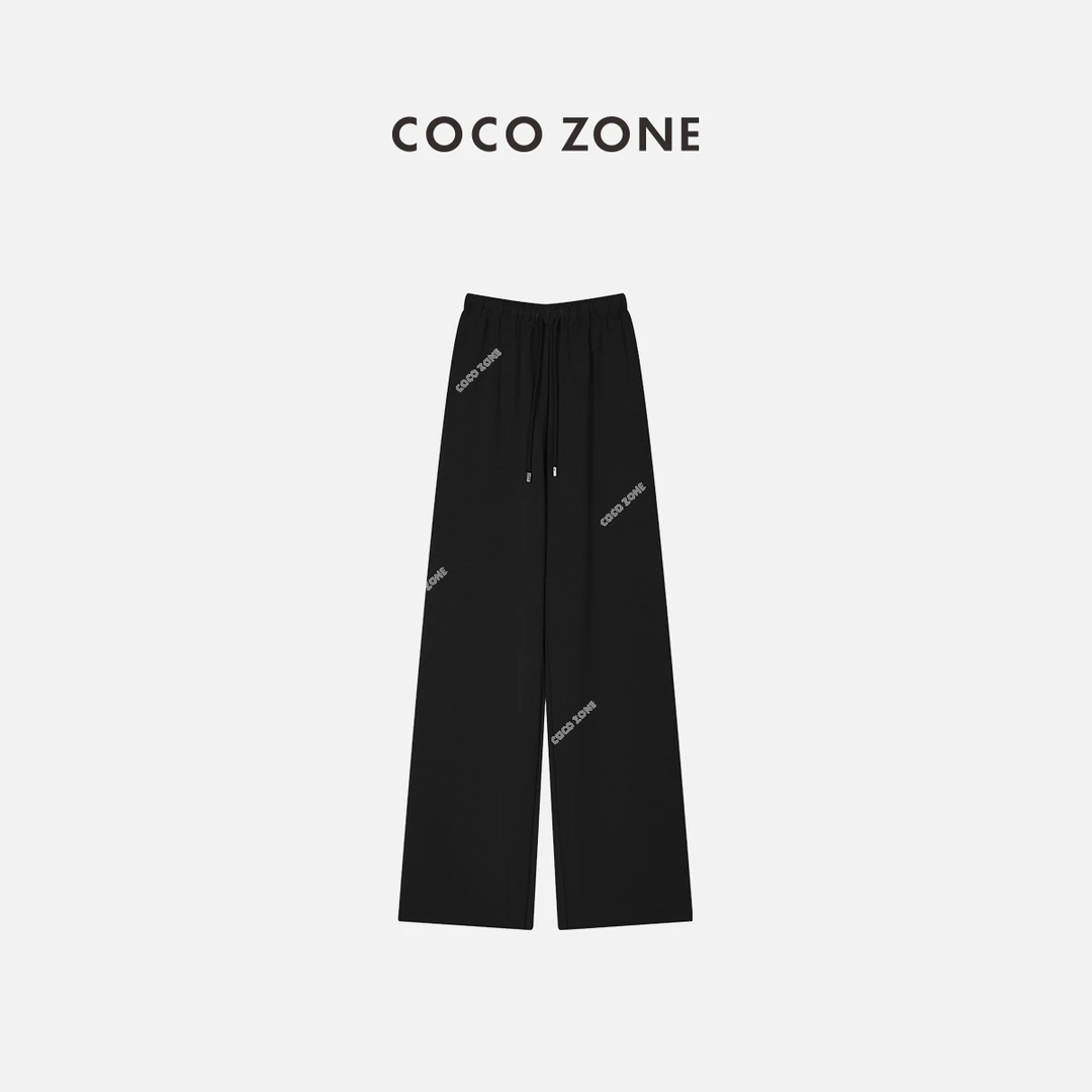 COCO ZONE 刘一一  空气裤通勤风春秋款系绳黑色阔腿裤23C19257
