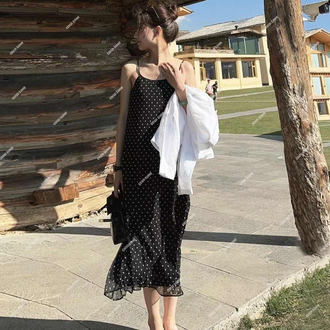 COCO ZONE 刘一一100桑蚕丝波点吊带连衣裙百搭简约长裙CC1B0844