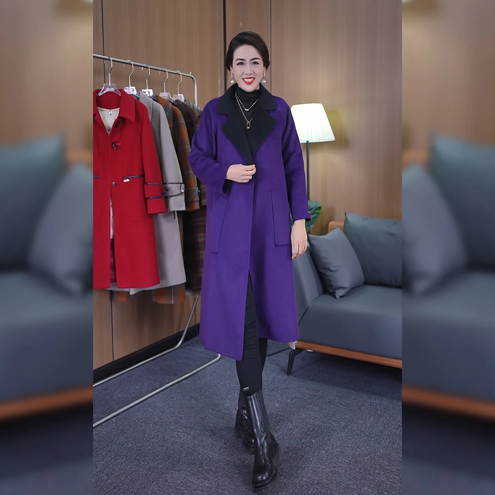 【爱人皇后、紫】冬季纯色长款羊毛呢气质洋气时尚减龄翻领加厚大衣