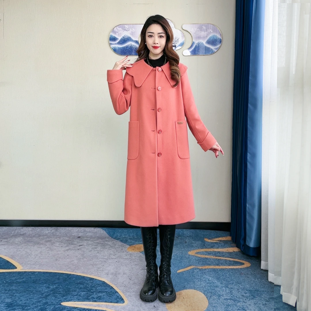 【23-092新】毛呢女白鸭羽绒内胆纯色显瘦气质百搭冬季洋气过膝加厚