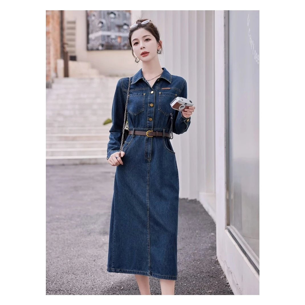 彩俏芝时尚牛仔连衣裙女2024年春秋季新款收腰修身显瘦气质裙子