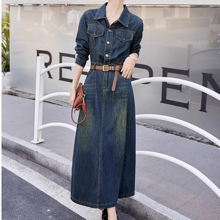 彩俏芝港风复古牛仔连衣裙女2023秋装新款时尚气质显瘦过膝长裙